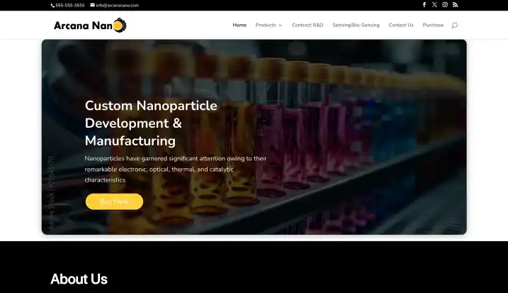 Screenshot of the homepage of the Arcana Nano Homepage, designed and built by BrandUs of Victoria, TX