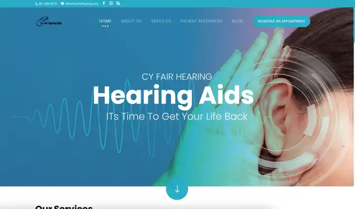 Screenshot of the homepage of the Cy Fair Hearing Homepage, designed and built by BrandUs of Victoria, TX