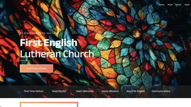 Screenshot of the homepage of the First English Lutheran Church Homepage, designed and built by BrandUs of Victoria, TX