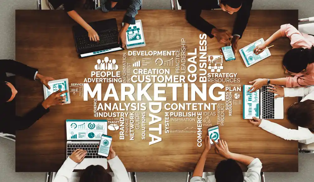 marketing team collaborating on strategy and business growth planning