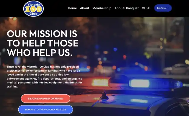 Screenshot of the homepage of the Victoria 100 club website, designed and built by BrandUs of Victoria, TX